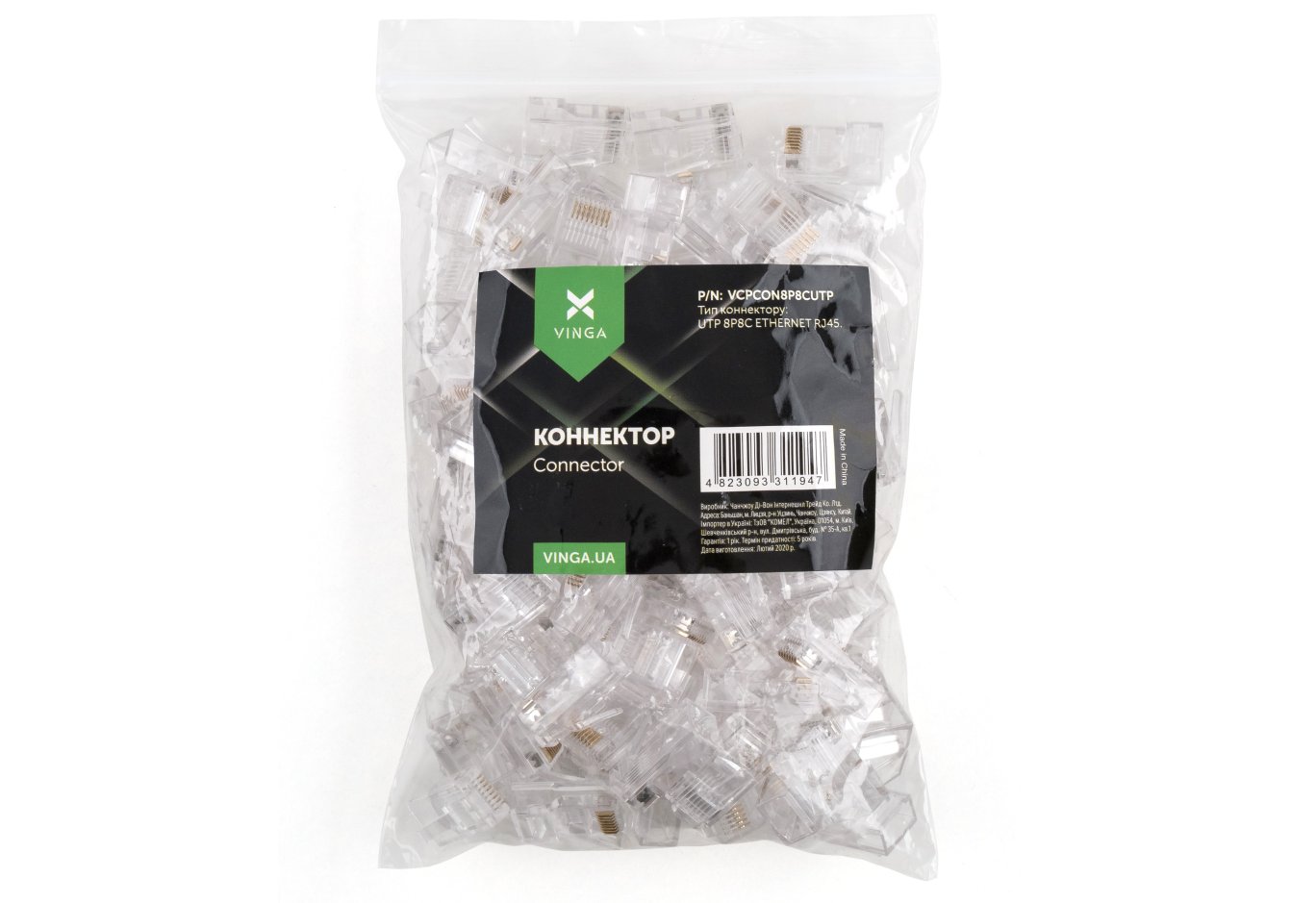 Конектор Vinga RJ-45 UTP 100 шт. (VCPCON8P8CUTP)