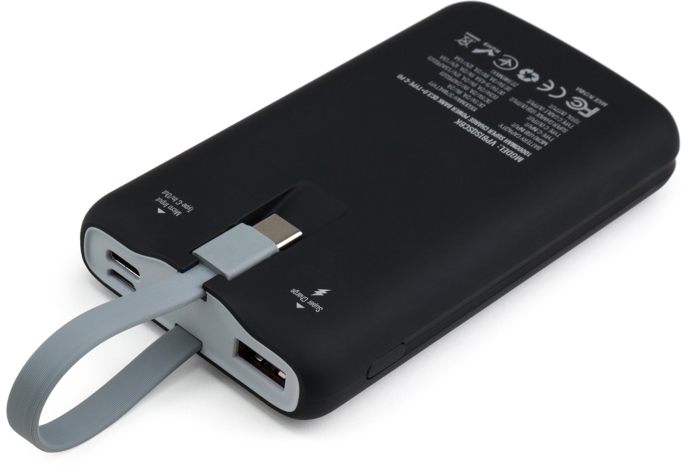 Батарея універсальна Vinga 10000 mAh SuperQC soft touch w/cable 22.5W black (VPB1SQSCBK)