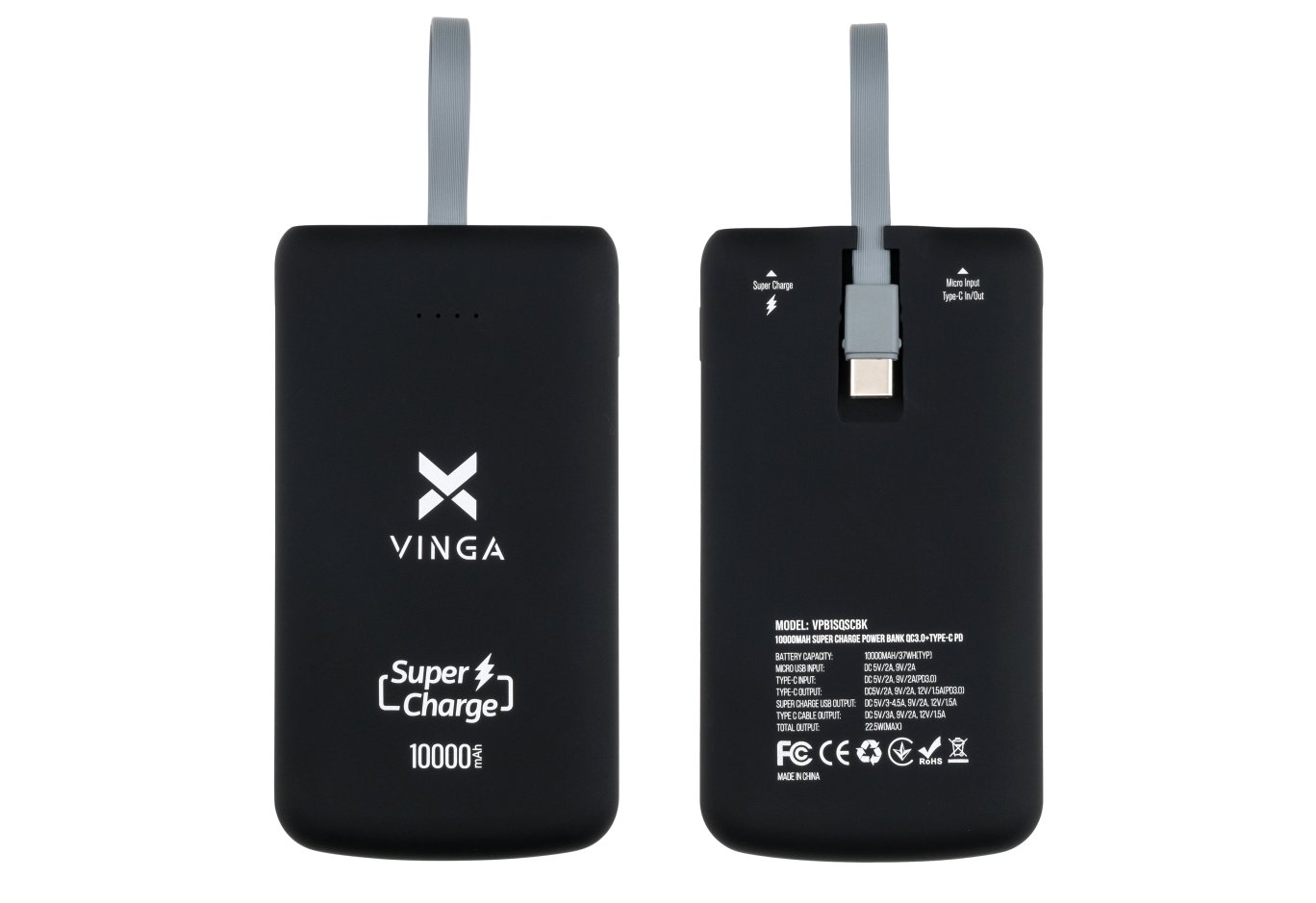Батарея універсальна Vinga 10000 mAh SuperQC soft touch w/cable 22.5W black (VPB1SQSCBK)