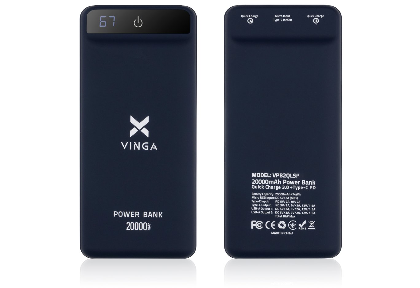Universal Battery Vinga 20000 mAh QC3.0 Display soft touch purple (VPB2QLSP)