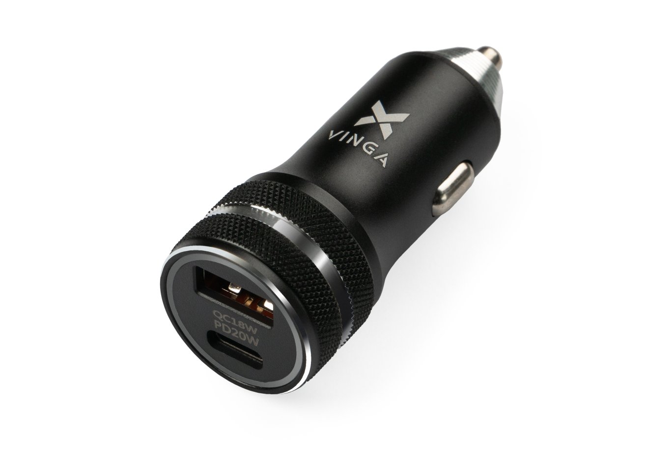Зарядний пристрій Vinga QC3.0 + PD Quick Car Charger aluminium 36W Max black (VCCQPAC)