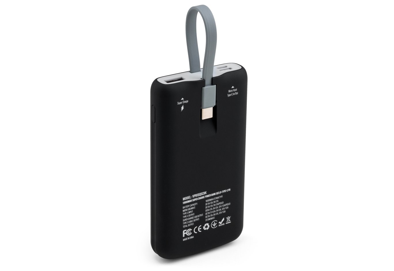 Батарея універсальна Vinga 10000 mAh SuperQC soft touch w/cable 22.5W black (VPB1SQSCBK)