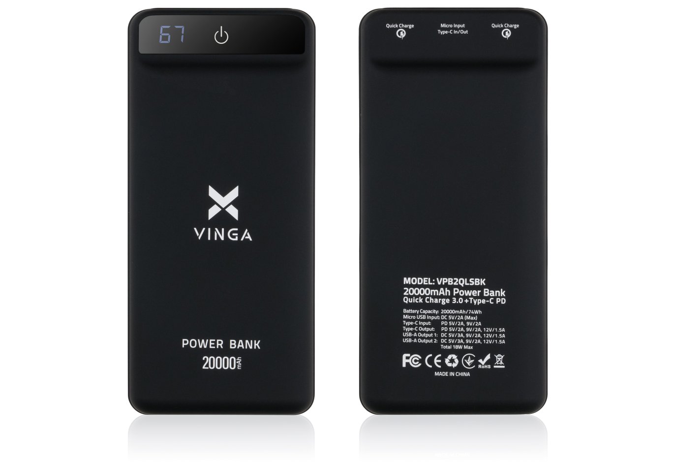 Батарея універсальна Vinga 20000 mAh QC3.0 Display soft touch black (VPB2QLSBK)