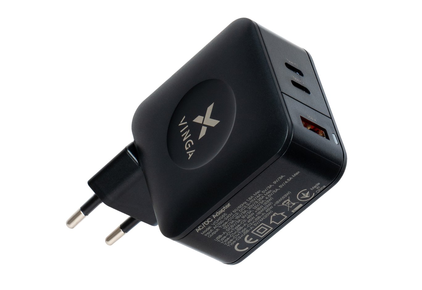 Зарядний пристрій Vinga GaN 65W PD+QC 2C1A ports Wall Charger (VCHG65)