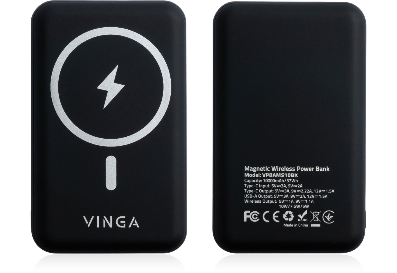 Батарея універсальна Vinga 10000 mAh Wireless Magnetic QC+PD (VPBAMS10BK)