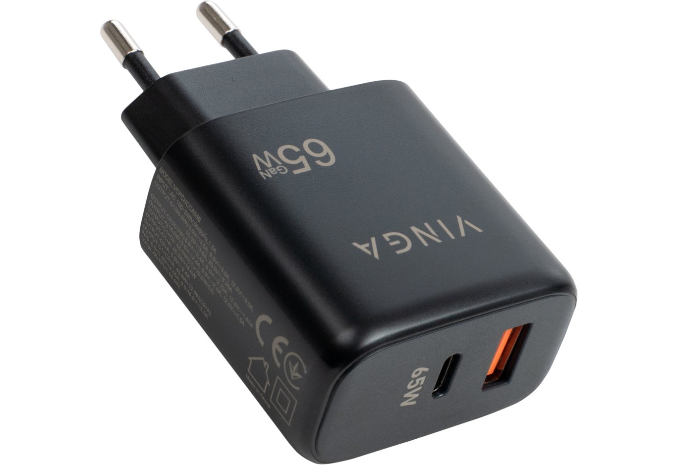 Зарядний пристрій Vinga GaN 65W PD+QC 1C1A ports Wall Charger (VCPCHCA65B)