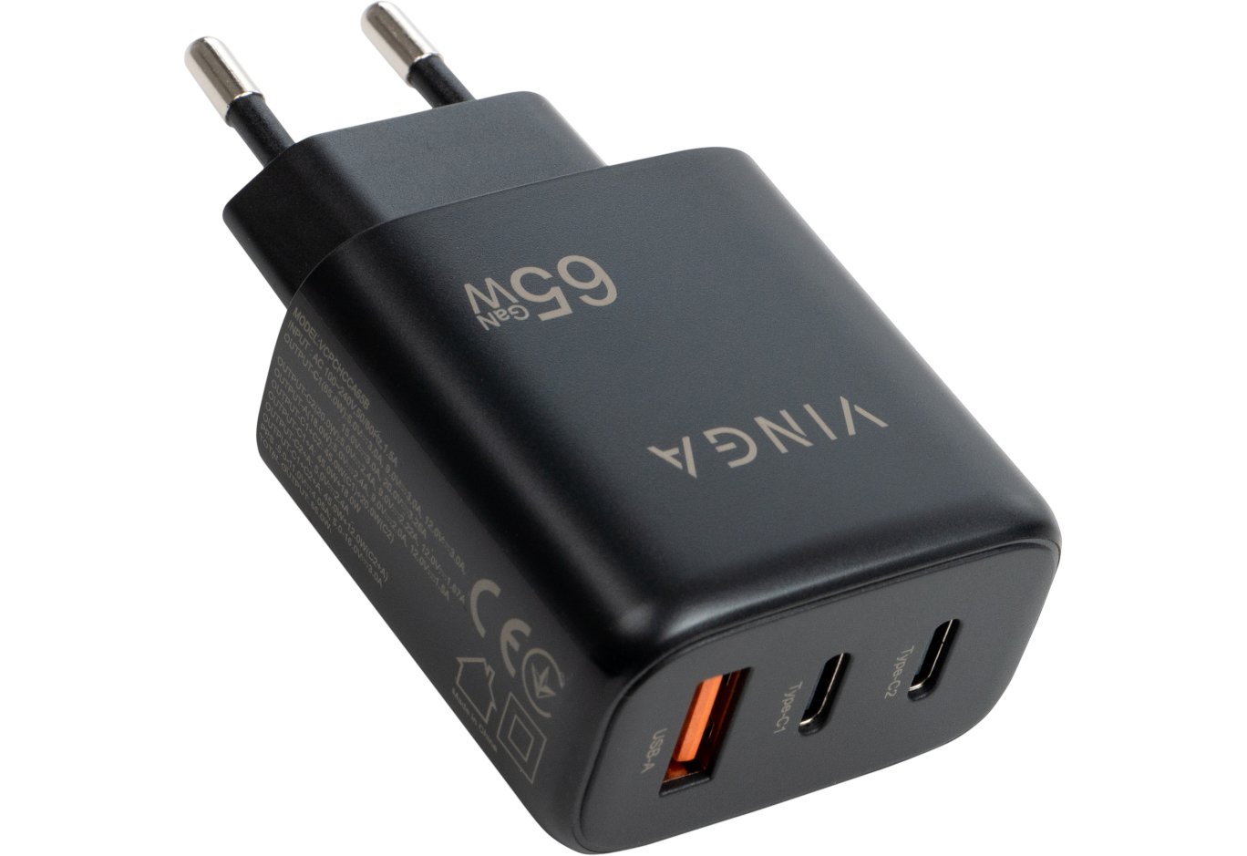 Зарядний пристрій Vinga GaN 65W PD+QC 2C1A ports Wall Charger (VCPCHCCA65B)