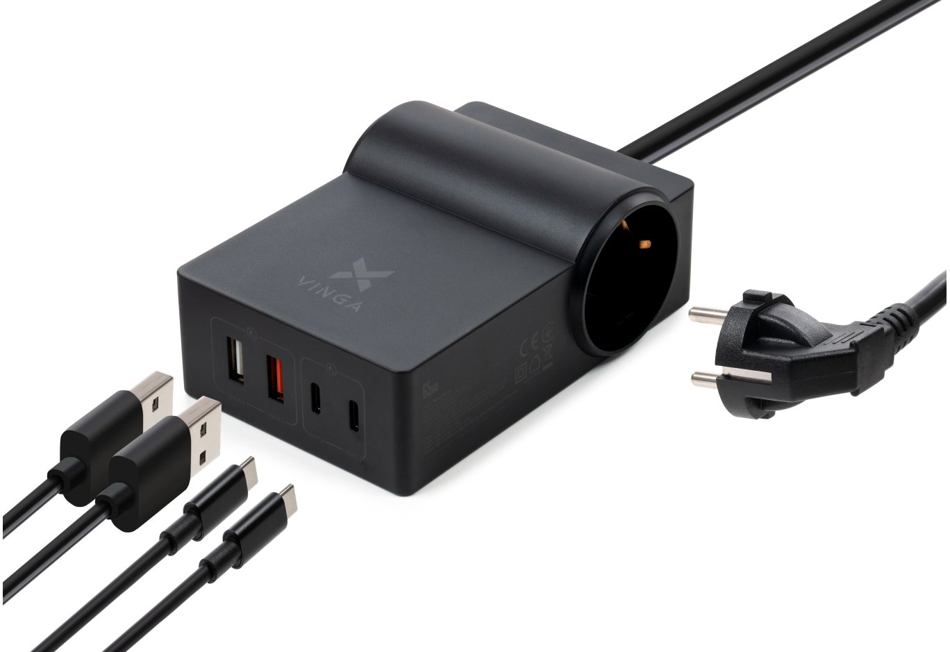 Зарядний пристрій Vinga 65W PD/QC 2xUSB-C+2xUSB-A+2xSchukoF 1.5m CEE7/7 (VCHG2OAC65)