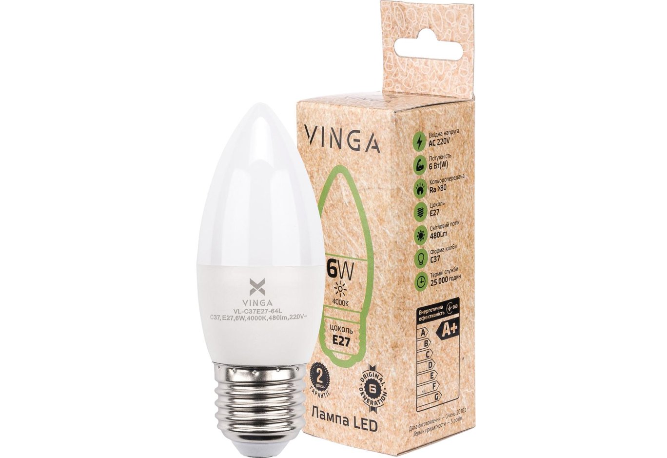 Лампочка Vinga VL-C37E27-64L