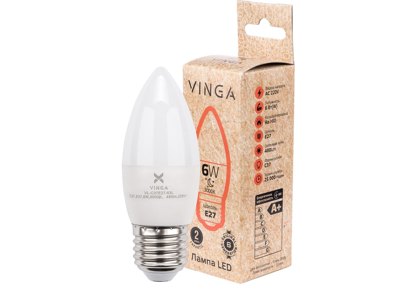 Лампочка Vinga VL-C37E27-63L