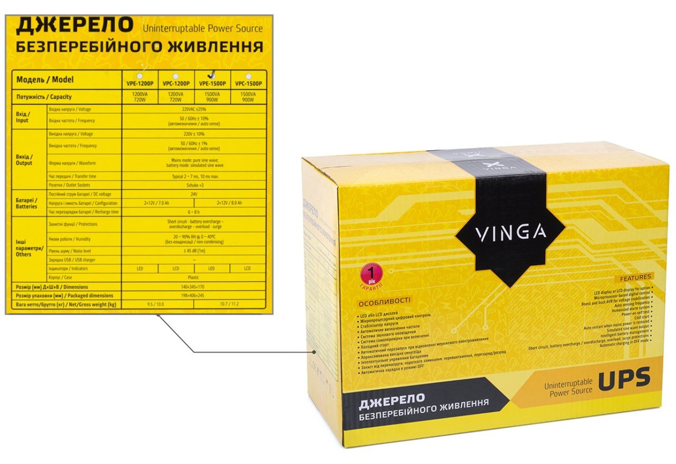 Uninterruptible Power Supply Vinga LED 1500VA plastic case (VPE-1500P)