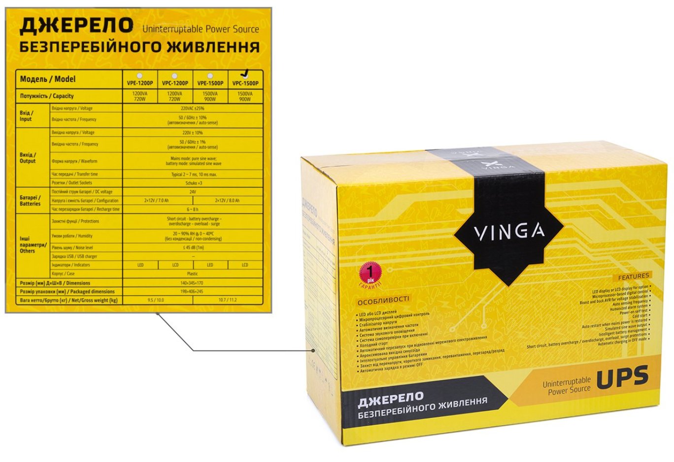Пристрій безперебійного живлення Vinga LCD 1500VA plastic case (VPC-1500P)