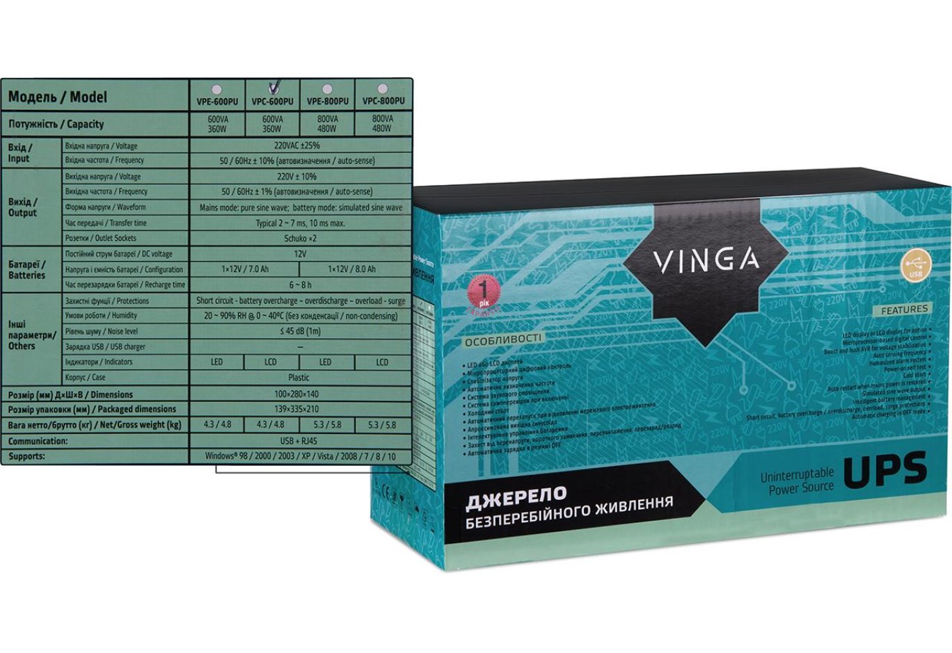 Пристрій безперебійного живлення Vinga LCD 600VA plastic case with USB (VPC-600PU)