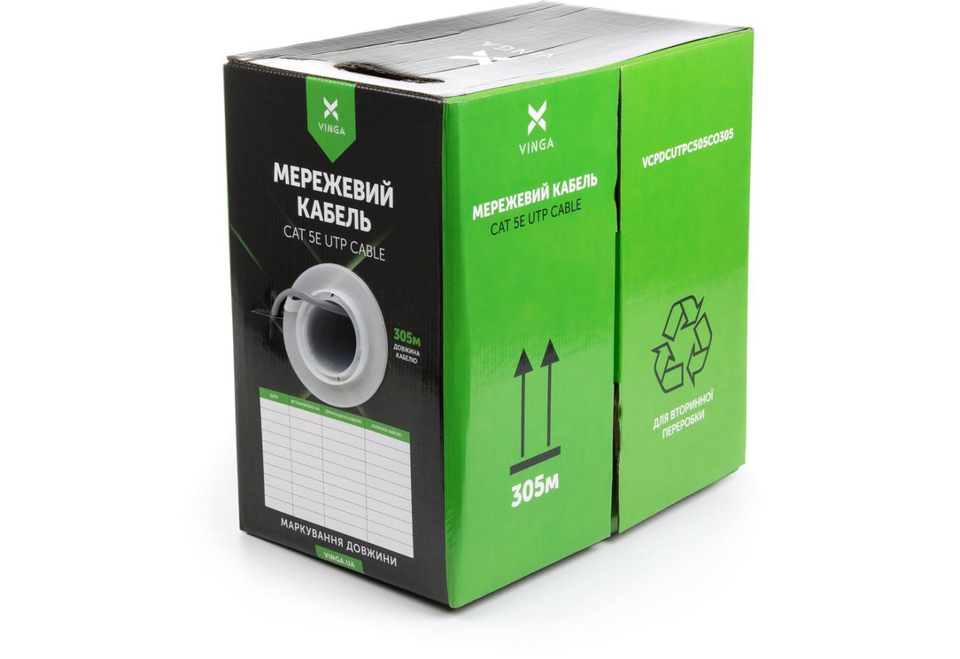 Кабель мережевий Vinga UTP 305м cat.5e Copper 4 pairs 0.5мм мідь (VCPDCUTPC505CO305)