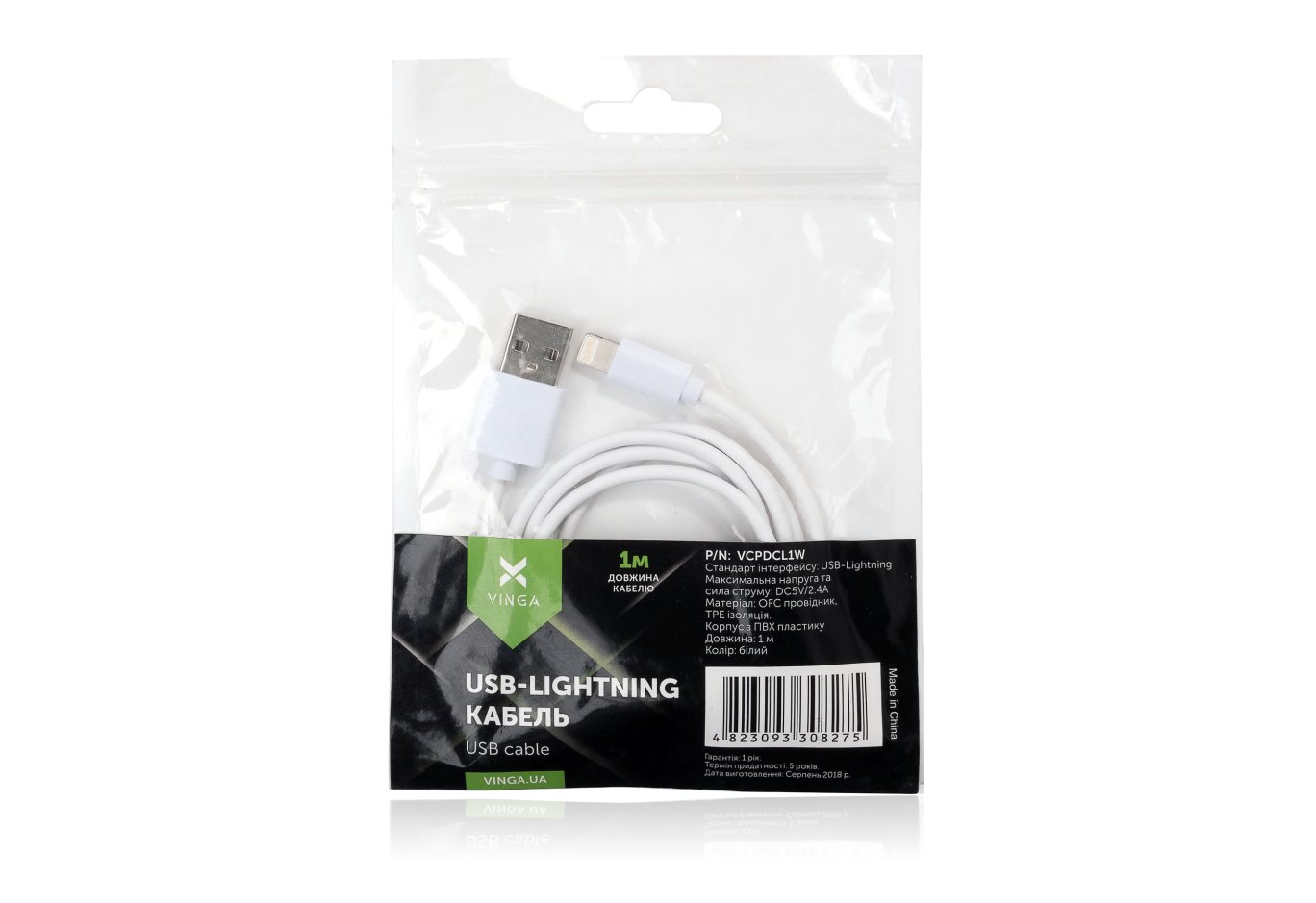 Data cable USB 2.0 AM to Lightning PVC 1m white Vinga (VCPDCL1W)