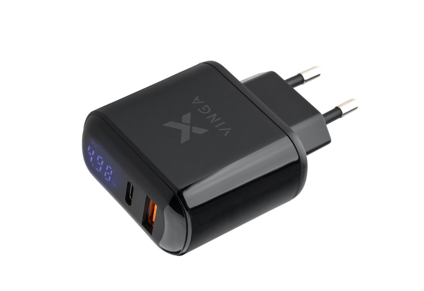 Зарядний пристрій Vinga 2 Port QC3.0+PD Display Wall Charger (VWCQPACDBK)