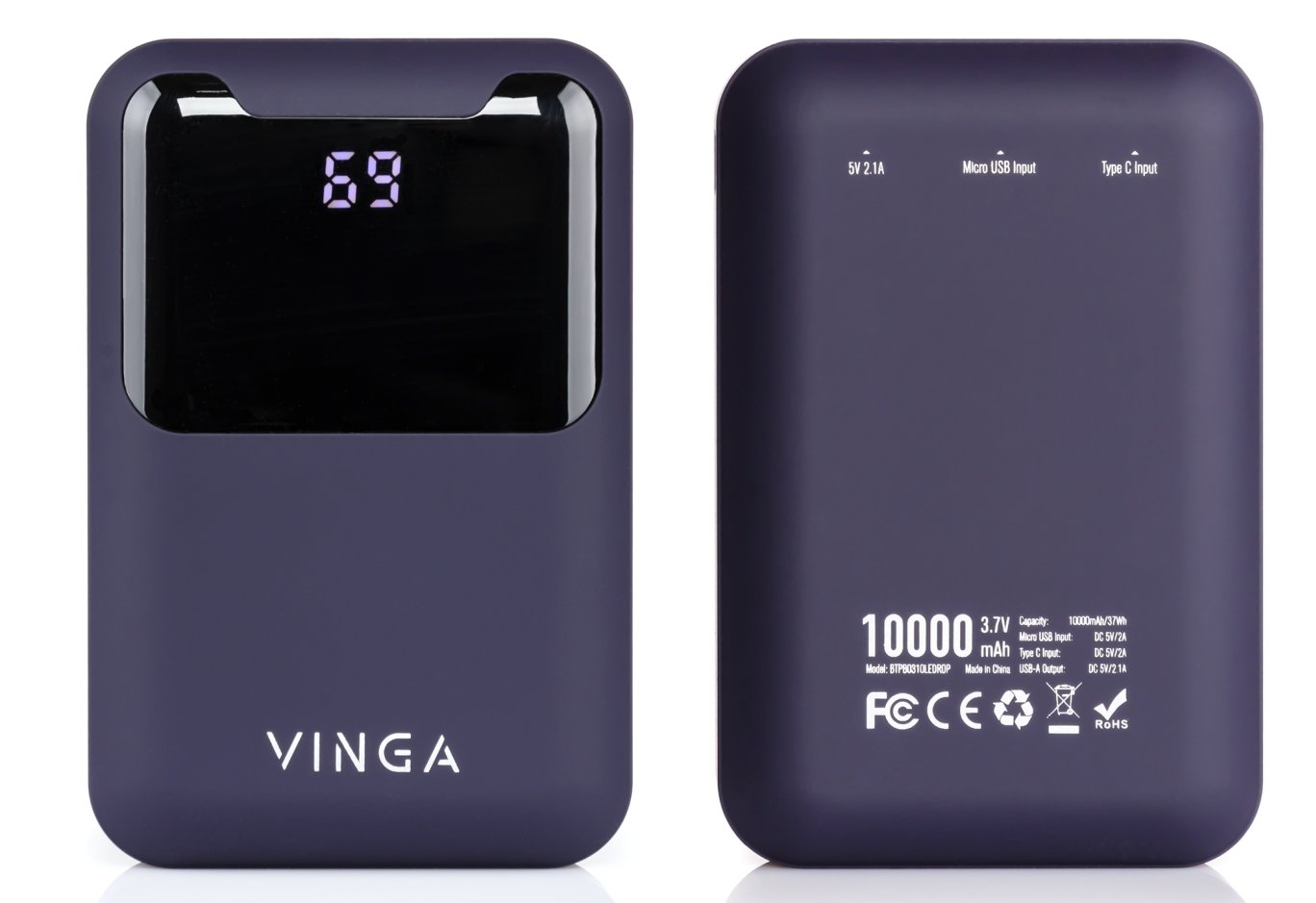 Батарея універсальна Vinga 10000 mAh Display soft touch purple (BTPB0310LEDROP)