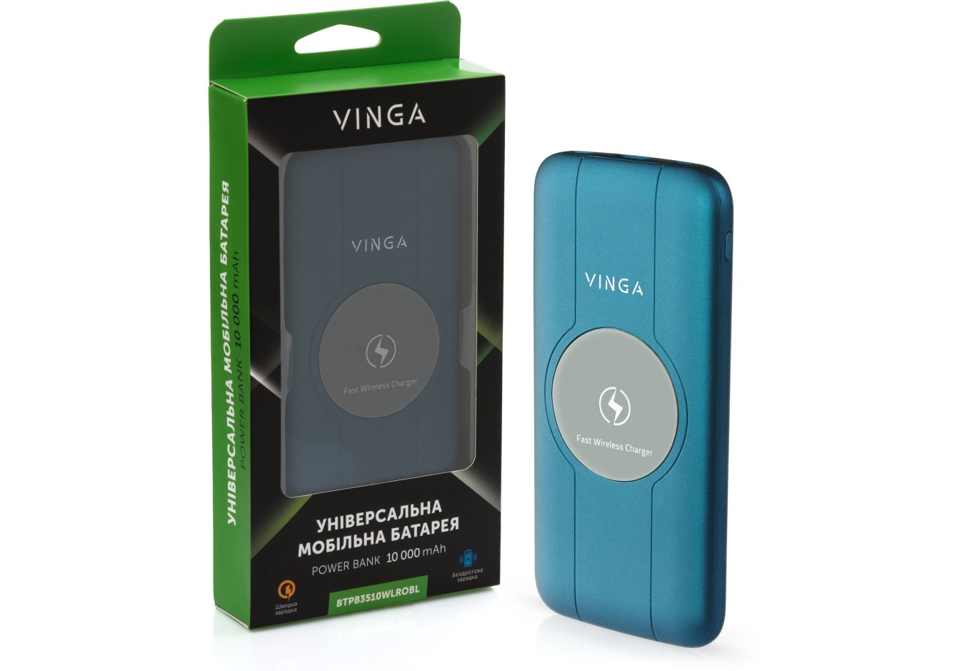 Батарея універсальна Vinga 10000 mAh Wireless QC3.0 PD soft touch blue (BTPB3510WLROBL)